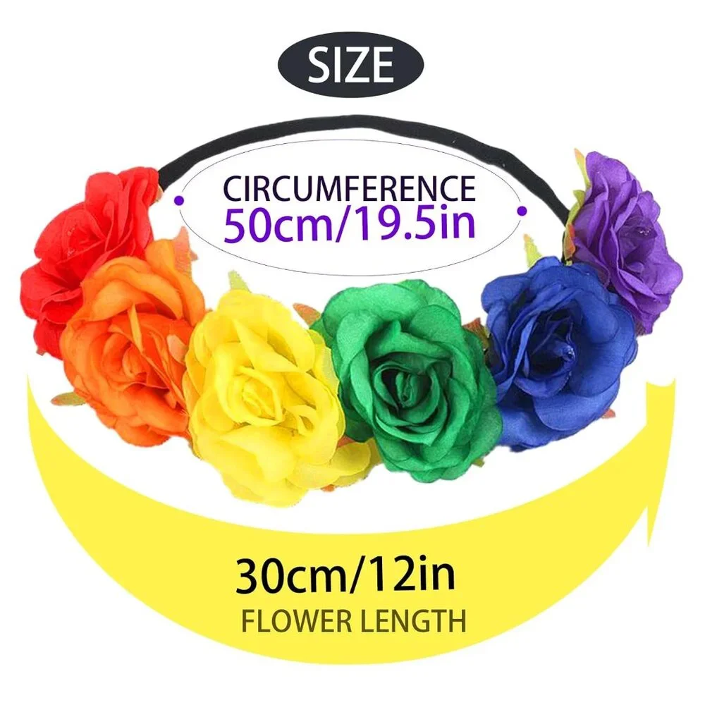 Rainbow Rose Floral Crown Headband for Women, Gay Pride Day Boho Outfits Party S - Picture 3 of 7
